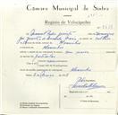 Registo de velocípede com o nº 8671, em nome de Manuel Pedro Jacinto, morador em Alvarinhos.