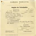 Registo de velocípede de marca L.R.S., com o nº 1912, em nome de Vera Klebanowski, moradora em Praia das Maçãs.
