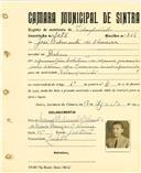 Registo de matricula de velocipedista em nome de José Belmonte de Oliveira, morador em Belas, com o nº de inscrição 2075.