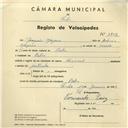 Registo de velocípede de marca Nacional, com o nº 3942, em nome de Joaquim Gregório, morador em Belas.