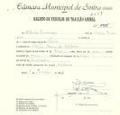 Registo de um veiculo de duas rodas tirado por um animal de espécie muar destinado a transporte de mercadorias em nome de Alfredo Prudêncio, morador no Bairro da Estefânia, Sintra.