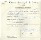 Registo de velocípede de marca VN-F.B.M., com o nº 8934, em nome de António Augusto de Carvalho, morador em Sintra.