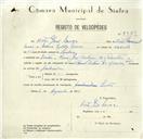 Registo de velocípede de marca Famel, com o nº 8389, em nome de Vítor José Névoa, morador em Rua José Antunes dos Santos, Sintra.