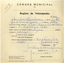 Registo de velocípede com o nº 3319, em nome de Maria Isabel Ribeiro de Mendonça, moradora em Rua Conde Ferreira, Sintra.