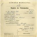 Registo de velocípede de marca Nacional, com o nº 3890, em nome de José Gregório Reto, morador em Mucifal.