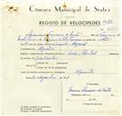 Registo de velocípede de marca Cicles Pombal, com o nº 9458, em nome de Mariano Travassos de Matos, morador em Algueirão.