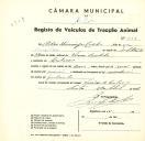 Registo de um veiculo de duas rodas tirado por um animal de espécie asinina destinado a transporte de mercadorias em nome de Adão [...] , morador em Colares.