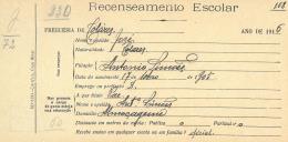 Recenseamento escolar de José Simões, filho de António Simões, morador no Almoçageme.