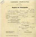 Registo de velocípede de marca Peugeot, com o nº 1599, em nome de José Duarte Patrão Ferreira, morador em Odrinhas.