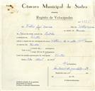 Registo de velocípede de marca Vitória, com o nº 8835, em nome de Vítor José Névoa, morador em Sintra.