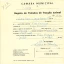 Registo de um veiculo de duas rodas tirado por um animal de espécie asinina destinado a transporte de mercadorias em nome de Francisco Joaquim Laureano, morador em Pero Pinheiro.