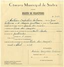 Registo de velocípede de marca Saches, com o nº 7026, em nome de António Carpinteiro Frutuoso, morador em Praia das Maçãs.