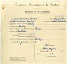 Registo de velocípede de marca Primos, com o nº 10150, em nome de José Bernardino Machado, morador em Queluz.