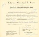 Registo de um veiculo de duas rodas tirado por um animal de espécie asinina destinado a transporte de mercadorias em nome de Libânia Gomes da Silva Capucho Paulo, moradora Rua Dr. Manuel de Arriaga, Queluz.