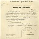 Registo de velocípede de marca Oriental, com o nº 153, em nome de Mateus Julião, morador em Morelena.