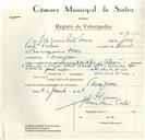 Registo de velocípede de marca Kreidler, com o nº 9006, em nome de Joaquim Pinto Ferreira, morador em Terrugem.