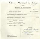 Registo de velocípede com o nº 8653, em nome de José dos Santos Marques, morador em Linhó.