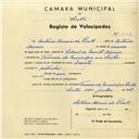 Registo de velocípede de marca Invicta, com o nº 3089, em nome de António Morais da Ponte, morador em Travessa do Município, Sintra.