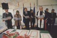 Edite Estrela, Presidente da Câmara Municipal de Sintra, com Dom José da Cruz Policarpo na benção da 1ª pedra da Universidade Católica junto ao Tagus park.