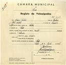 Registo de velocípede de marca Zenith, com o nº 3146, em nome de António Pombal, morador em Sintra.