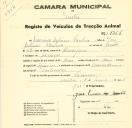 Registo de um veiculo de duas rodas tirado por dois animais de espécie asinina destinado a transporte de mercadorias em nome de Francisco António Paulino, morador em Carraças.