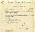 Registo de velocípede de marca Alma, com o nº 10151, em nome de Pedro da Silva Barreiros, morador em Cacém.