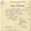 Registo de velocípede de marca Peugeot, com o nº 2967, em nome de José Santana Varela, morador em Belas.