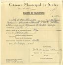 Registo de velocípede de marca Olga, com o nº 6289, em nome de João de Deus Almeida, morador em Sintra.