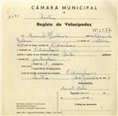 Registo de velocípede de marca Hunter, com o nº 3387, em nome de Manuel Baleia, morador em Odrinhas.