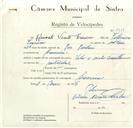 Registo de velocípede de marca Vilar com motor Cuciolo, com o nº 8851, em nome de Honorato Vicente Francisco, morador em Lameiras.
