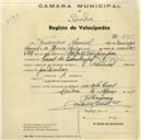Registo de velocípede de marca Nacional, com o nº 875, em nome de Francisco Manuel, morador em Casal do Zambujal, S. João das Lampas.