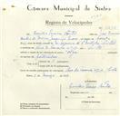 Registo de velocípede de marca Olga, com o nº 8680, em nome de Emílio Pereira Bento, morador em Sintra.
