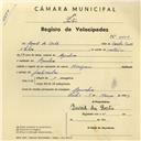 Registo de velocípede de marca Origan, com o nº 4104, em nome de David da Costa, morador em Agualva.