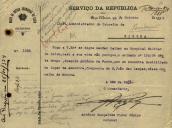 Ofício do Comandante da Secretaria do Grupo de Defesa Sumária da Costa, António Gonçalves Pinto Júnior, ao Administrador do Concelho de Sintra, referente ao pedido para mandar ir ao hospital militar de Belém, caso a sua vida corra perigo, o soldado Joaquim António da Fonte, que se encontra no lugar da Amoreira, freguesia de S. João das Lampas.