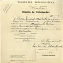 Registo de velocípede de marca Champion, com o nº 697, em nome de Laura Miranda Melo de Carvalho, morador em Quinta da Tala.
