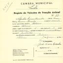 Registo de um veiculo de duas rodas tirado por um animal de espécie asinina destinado a transporte de mercadorias em nome de Sebastião Nunes Canada, morador em Colares.