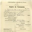 Registo de velocípede de marca Davy, com o nº 4185, em nome de Isabel Jesus Duarte Paizinho, morador em Farol do Cabo da Roca.