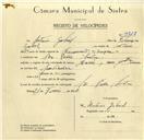 Registo de velocípede de marca Mavic, com o nº 9727, em nome de António Gabriel, morador em S. Pedro de Sintra.