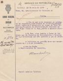 Ofício do    Administrador do Concelho da Câmara Municipal de Alcobaça, Manuel da Silva Carolino, ao Administrador do Concelho de Sintra, pedindo para entregar o atestado ao ajudante de motorista, José Mendes de Oliveira, morador em Pero Pinheiro e que deve ser incorporado de 1 a 5 de Novembro..