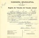 Registo de um veiculo de duas rodas tirado por dois animais de espécie bovina destinado a transporte de mercadorias em nome de António Antunes Simões, morador em Aruil de Baixo.
