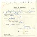 Registo de velocípede de marca Raio, com o nº 5595, em nome de Cláudio Correia de Castro, morador em Colares.