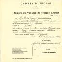 Registo de um veiculo de duas rodas tirado por um animal de espécie asinina destinado a transporte de mercadorias em nome de Agostinho Manuel Francisco Vicente, morador em Sacotes.