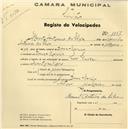 Registo de velocípede de marca Peugeot, com o nº 1338, em nome de Vasco Teixeira dos Santos, morador em Base Aérea nº 1, Granja do Marquês.