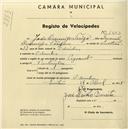 Registo de velocípede de marca Peugeot, com o nº 1603, em nome de João Domingos Tereso, morador em Odrinhas.