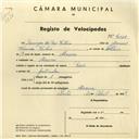 Registo de velocípede de marca Raio, com o nº 4181, em nome de Domingos dos Reis Feiteiro, morador em Maceira.