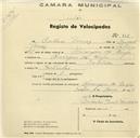 Registo de velocípede de marca Salabiac, com o nº 815, em nome de António Tomás, morador em Almargem do Bispo.