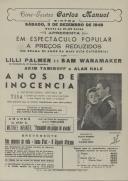 Programa do filme "Anos de Inocência" com a realização de Elliot Nugent  com a participação de Lilli Palmer, Sam Wanamaker, Akim Tamiroff e Alan Hale. 