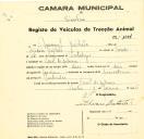 Registo de um veiculo de duas rodas tirado por dois animais de espécie bovina destinado a transporte de mercadorias em nome de Manuel Batista, morador no Casal da Beloura.