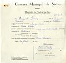 Registo de velocípede de marca Dover com motor Sachs, com o nº 8826, em nome de Manuel Simões, morador em Pedra Furada.