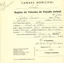 Registo de um veiculo de duas rodas tirado por dois animais de espécie asinina destinado a transporte de mercadorias em nome de Justino Simões, morador em Aruil de Cima.